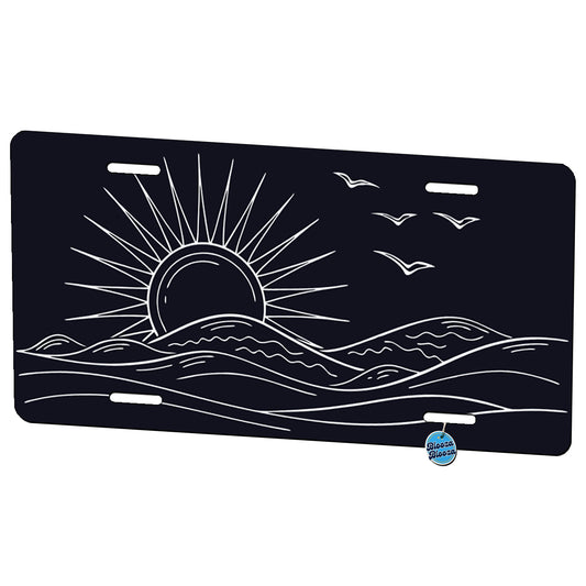 Sunrise And Ocean Wave Outline Illustration Metal Vanity Novelty Tag License Plate for Trucks Cars SUVs