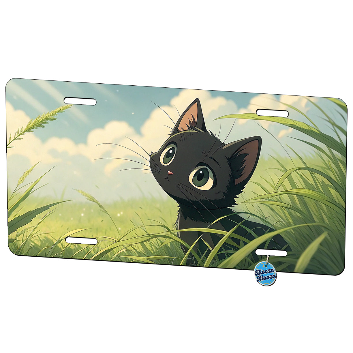 Black Kitten Cat in Field of Grass Anime Style Metal Vanity Novelty Tag License Plate for Trucks Cars SUVs