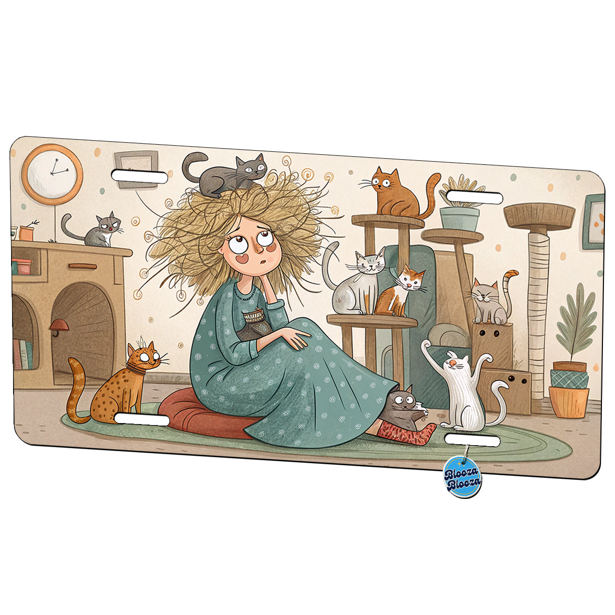 Cartoon of Crazy Cat Lady Home Metal Vanity Novelty Tag License Plate for Trucks Cars SUVs