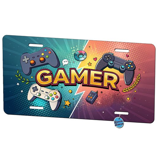 Gamer Retro Gaming Controllers Illustration Metal Vanity Novelty Tag License Plate for Trucks Cars SUVs
