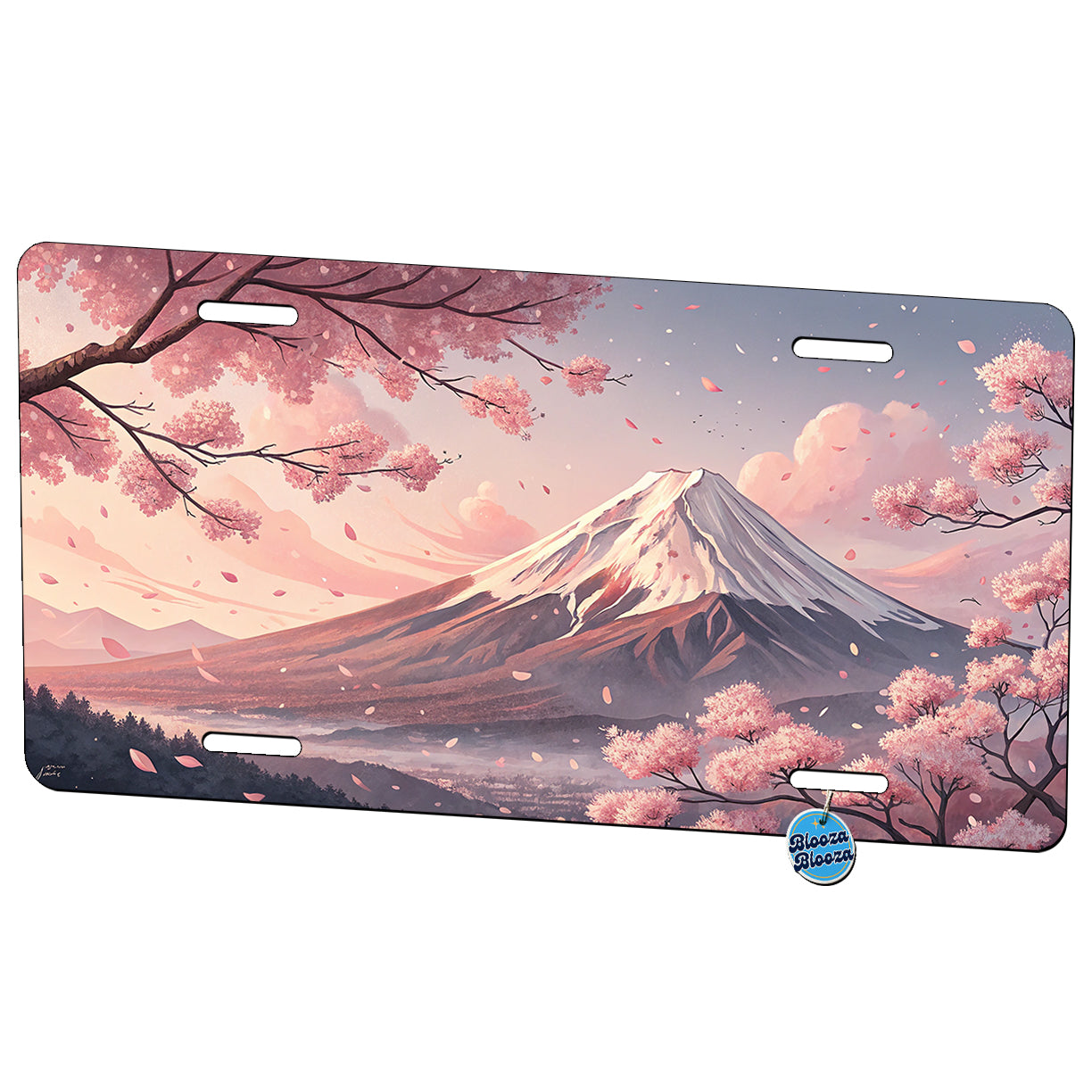 Mount Fuji Blooming Sakura Trees Japanese Illustration Metal Vanity Novelty Tag License Plate for Trucks Cars SUVs