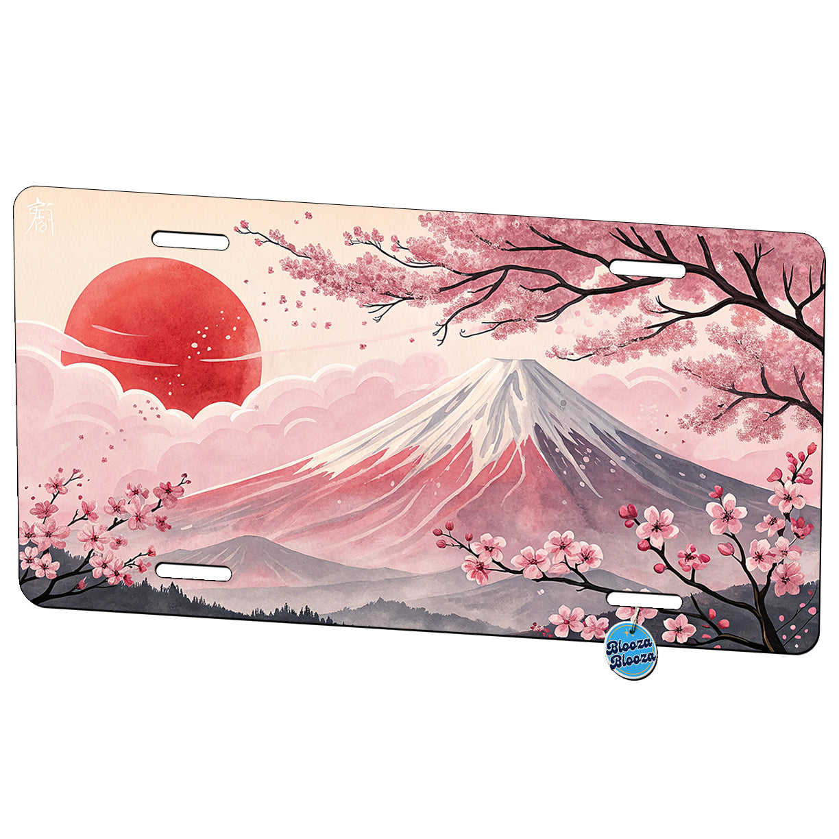 Mount Fuji With Cherry Blossoms Rising Sun Japanese Illustration Metal Vanity Novelty Tag License Plate for Trucks Cars SUVs