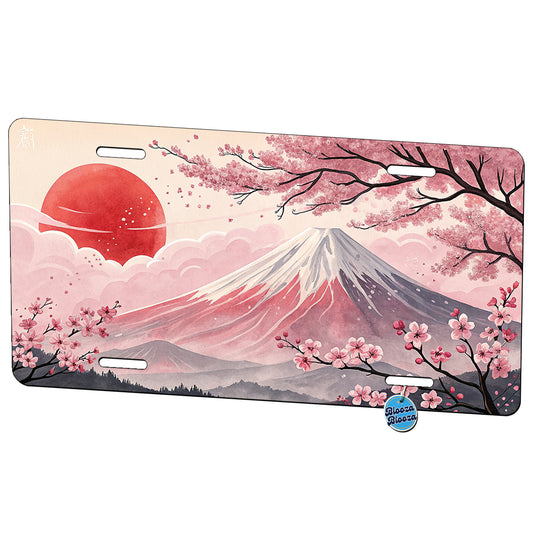 Mount Fuji With Cherry Blossoms Rising Sun Japanese Illustration Metal Vanity Novelty Tag License Plate for Trucks Cars SUVs
