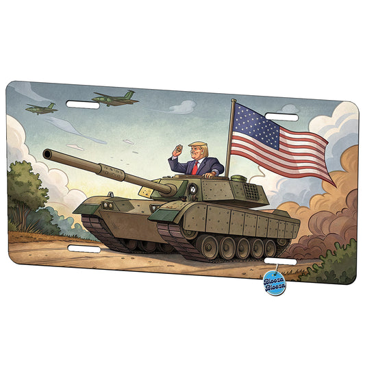 Patriotic Donald Trump Driving M1 Abrams Tank Funny Metal Vanity Novelty Tag License Plate for Trucks Cars SUVs