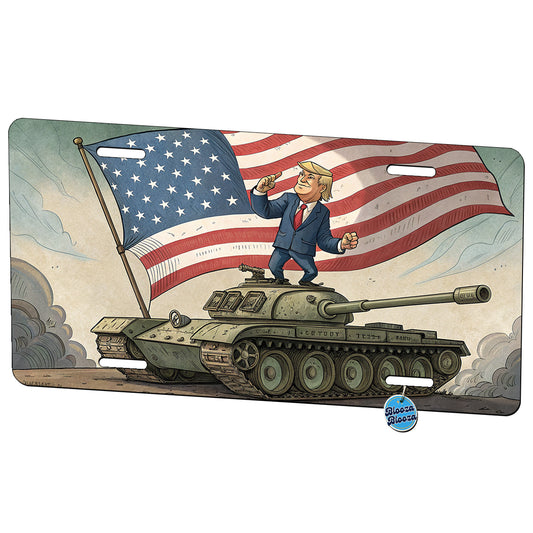 Patriotic Donald Trump Standing On Tank Funny Metal Vanity Novelty Tag License Plate for Trucks Cars SUVs