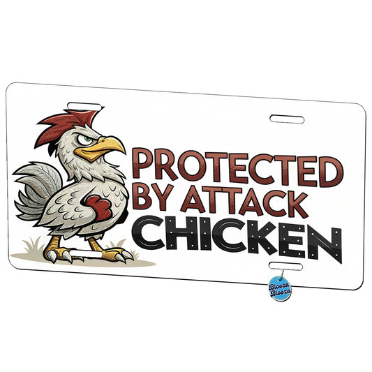 Protected By Attack Chicken Funny Metal Vanity Novelty Tag License Plate for Trucks Cars SUVs
