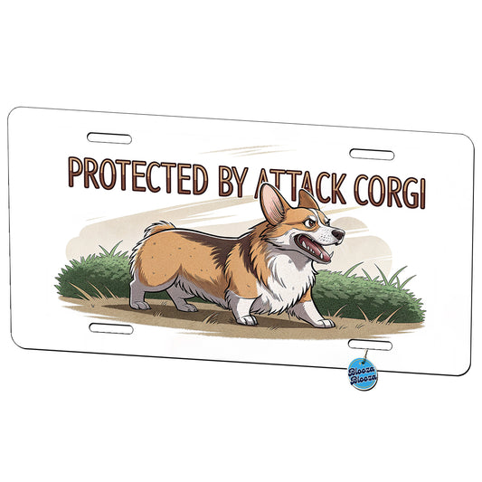 Protected By Attack Corgi Funny Metal Vanity Novelty Tag License Plate for Trucks Cars SUVs