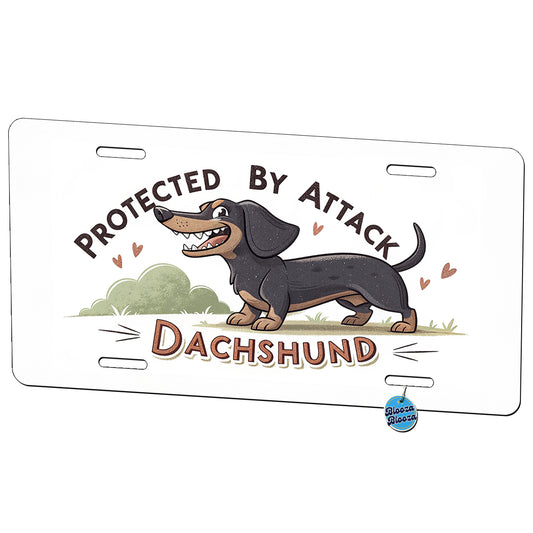 Protected By Attack Dachshund Funny Metal Vanity Novelty Tag License Plate for Trucks Cars SUVs