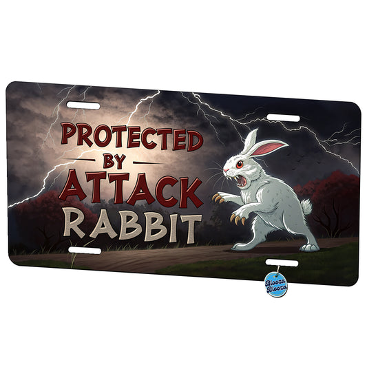 Protected By Attack Rabbit Vicious White Funny Bunny Metal Vanity Novelty Tag License Plate for Trucks Cars SUVs