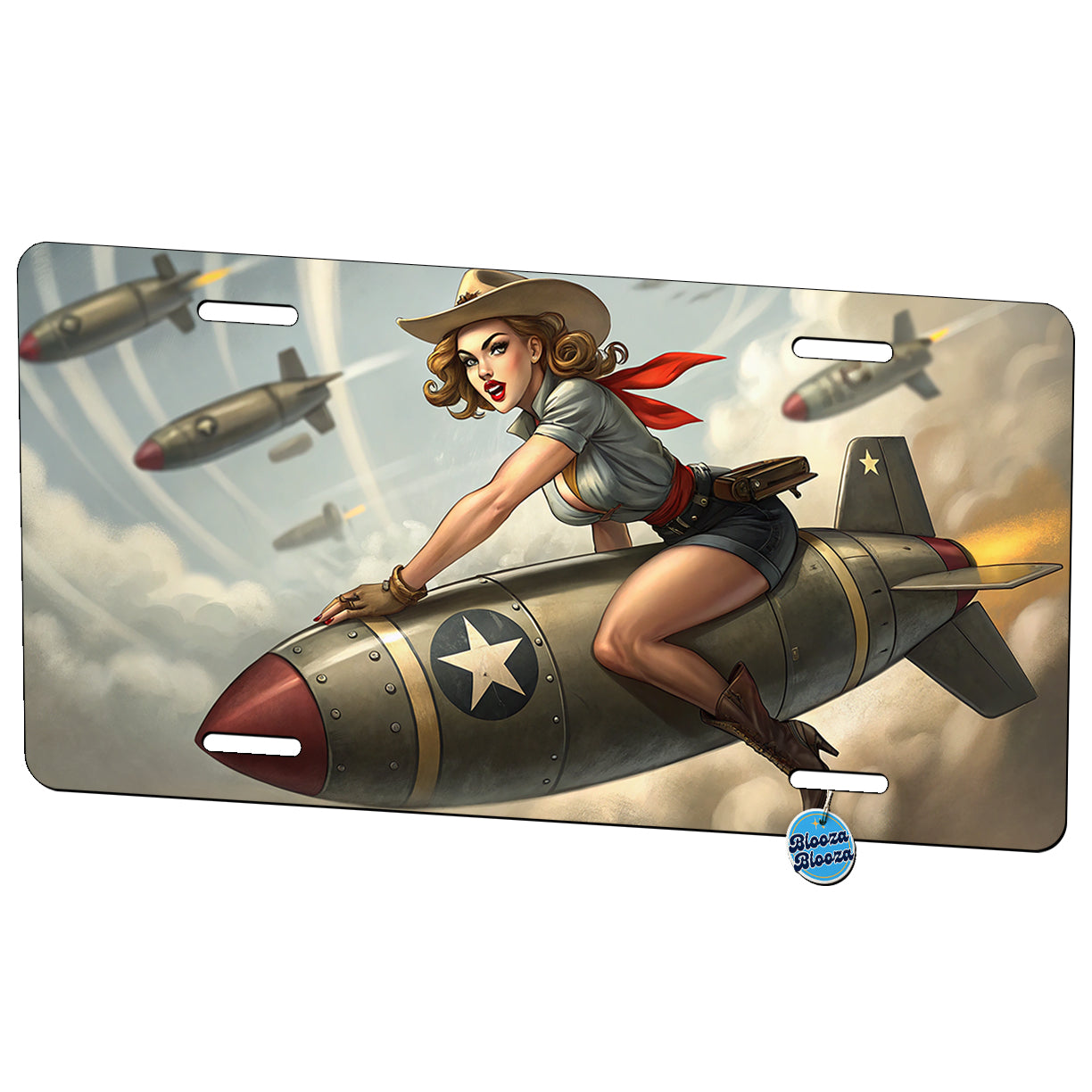 Rockabilly Patriotic Pin-Up Cowgirl Riding Bomb Funny Metal Vanity Novelty Tag License Plate for Trucks Cars SUVs