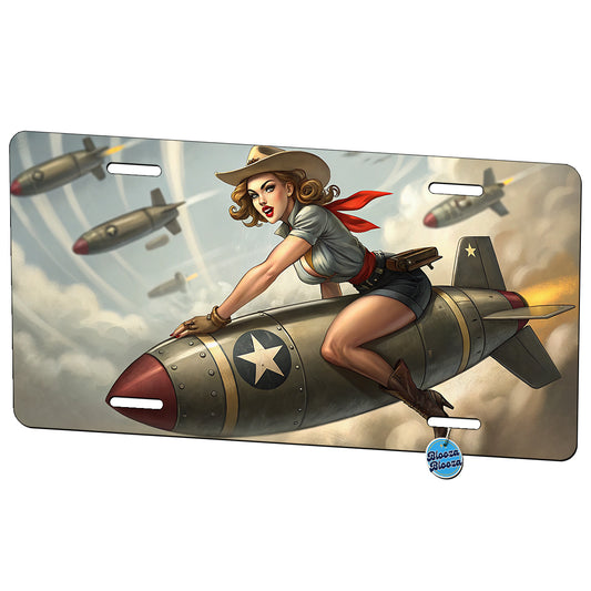 Rockabilly Patriotic Pin-Up Cowgirl Riding Bomb Funny Metal Vanity Novelty Tag License Plate for Trucks Cars SUVs