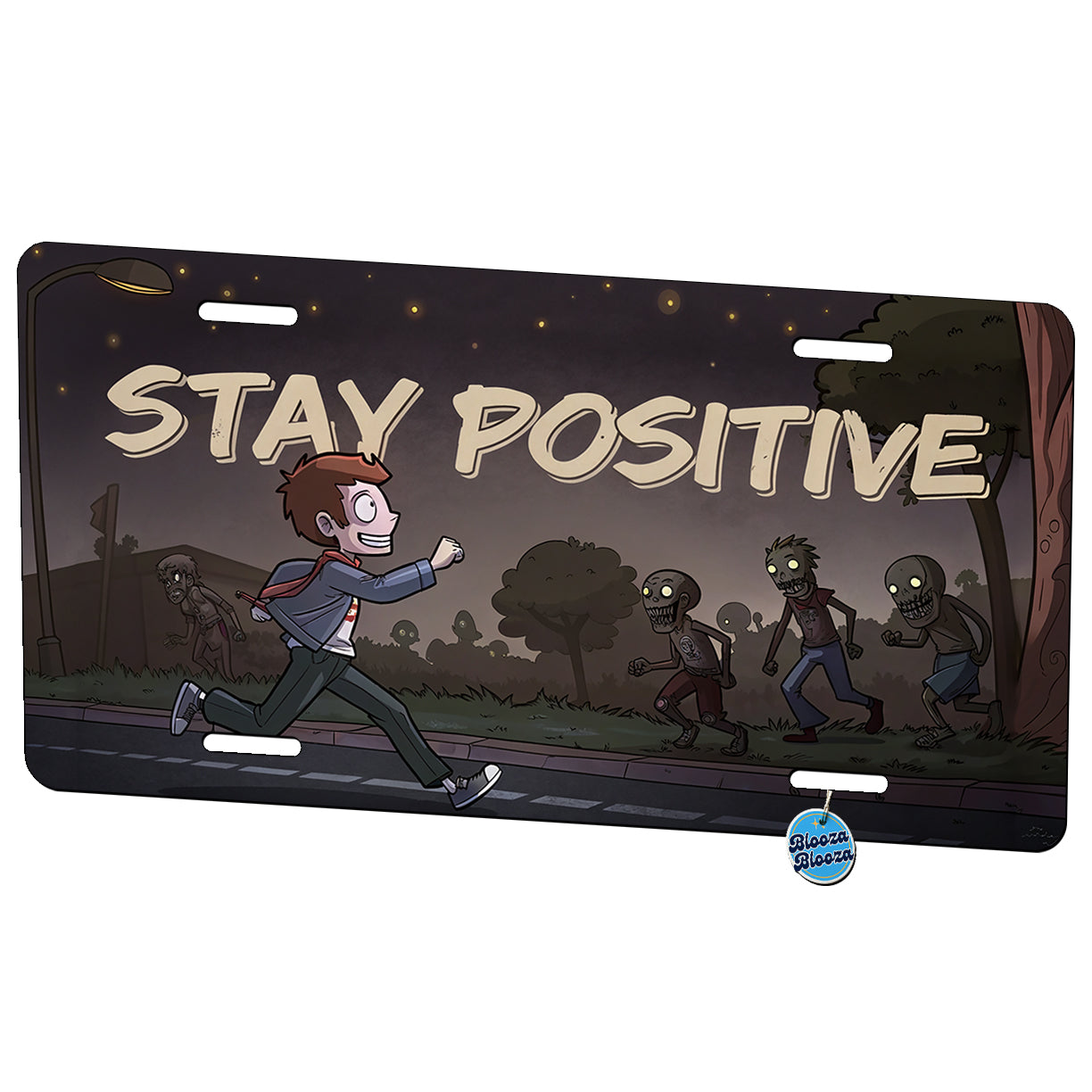 Stay Positive Funny Zombie Cartoon Metal Vanity Novelty Tag License Plate for Trucks Cars SUVs