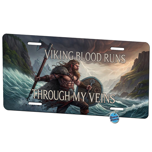 Viking Blood Runs Through My Veins Scandinavian Norse Warrior Metal Vanity Novelty Tag License Plate for Trucks Cars SUVs