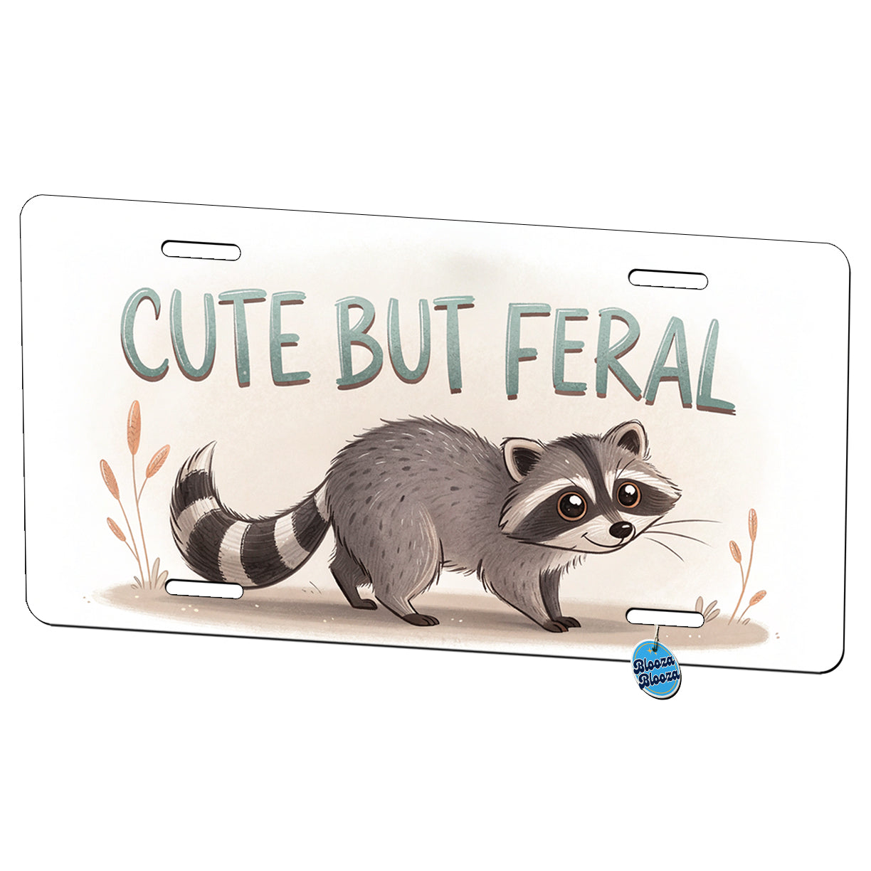 Cute But Feral Funny Raccoon Metal Vanity Novelty Tag License Plate for Trucks Cars SUVs