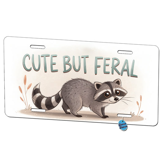 Cute But Feral Funny Raccoon Metal Vanity Novelty Tag License Plate for Trucks Cars SUVs