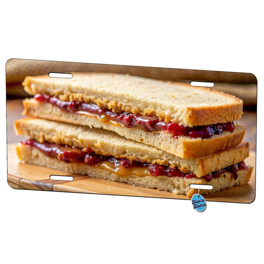 Close-up of a PB&J Peanut Butter And Jelly Sandwich Metal Vanity Novelty Tag License Plate for Trucks Cars SUVs