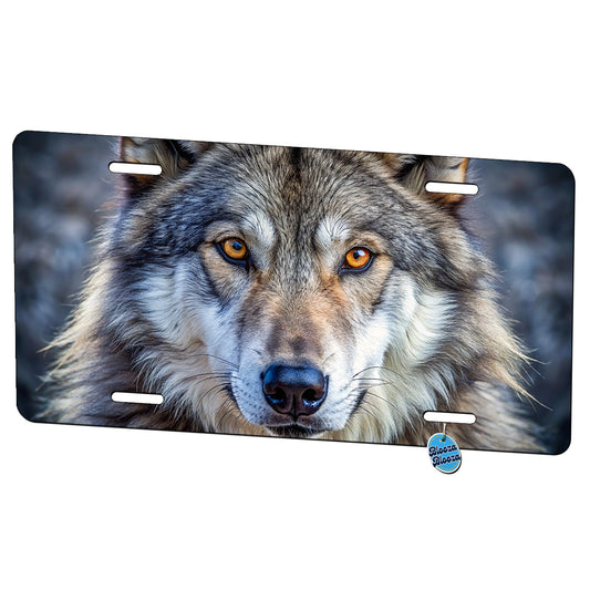 Close-up of Dire Wolf Face Metal Vanity Novelty Tag License Plate for Trucks Cars SUVs