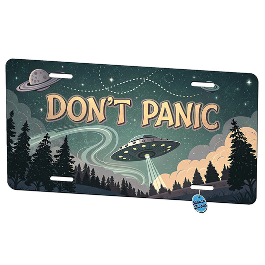 Don't Panic Retro UFO Invasion Funny Metal Vanity Novelty Tag License Plate for Trucks Cars SUVs