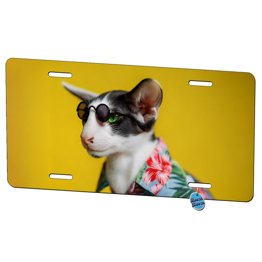 Funny Cat With Glasses And Hawaiian Shirt Metal Vanity Novelty Tag License Plate for Trucks Cars SUVs