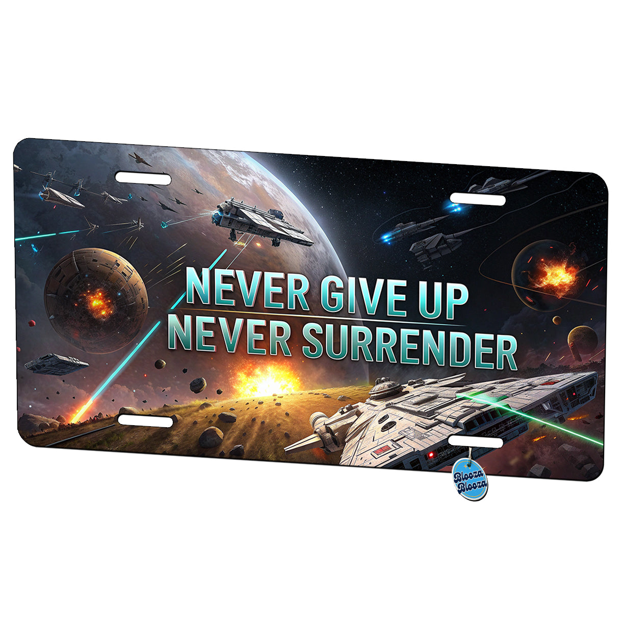Never Give Up Never Surrender Inspirational Sci-Fi Space Metal Vanity Novelty Tag License Plate for Trucks Cars SUVs