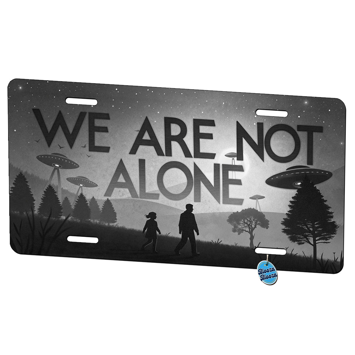 We Are Not Alone Retro Funny Alien Invasion Metal Vanity Novelty Tag License Plate for Trucks Cars SUVs