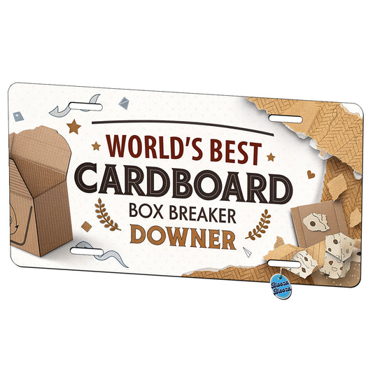 World's Best Cardboard Box Breaker Downer Funny Metal Vanity Novelty Tag License Plate for Trucks Cars SUVs