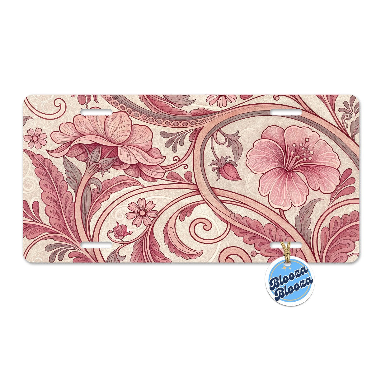 Art Nouveau Pattern Pink Leaf Flowers Metal Vanity Novelty Tag License Plate for Trucks Cars SUVs