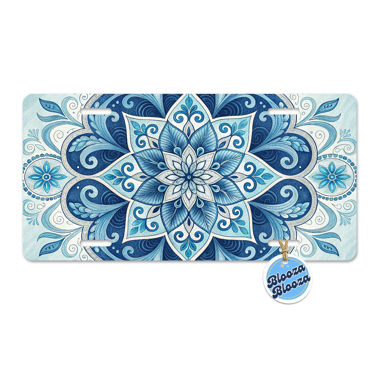 Blue Symmetrical Artistic Floral Pattern Metal Vanity Novelty Tag License Plate for Trucks Cars SUVs