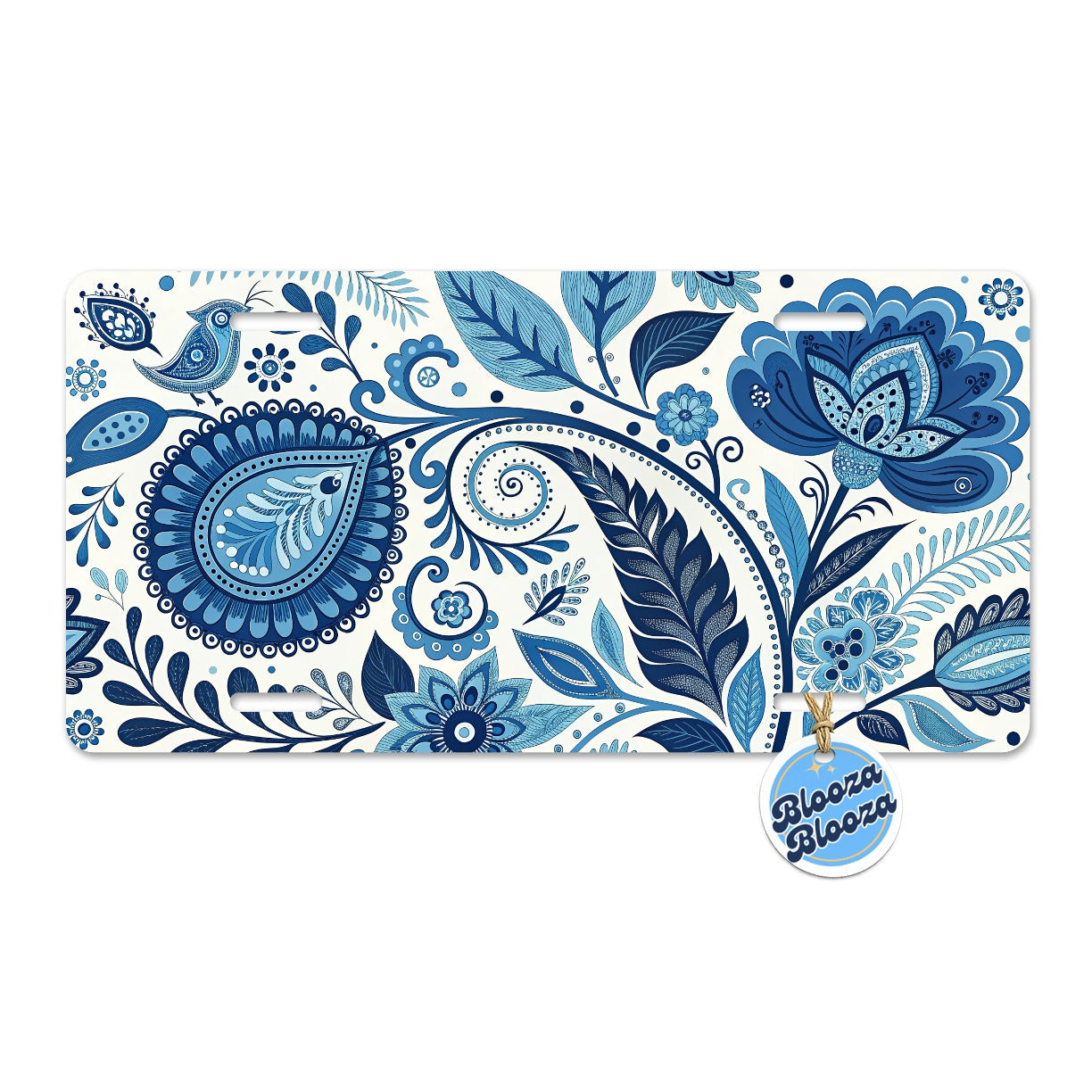 Blue Traditional Folk Art Floral Pattern Metal Vanity Novelty Tag License Plate for Trucks Cars SUVs