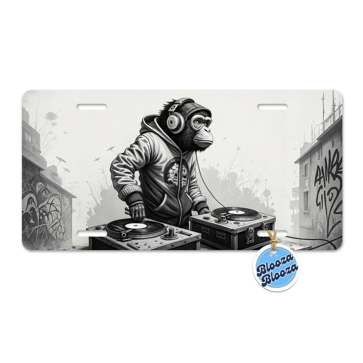 DJ Monkey with Headphones B&W Metal Vanity Novelty Tag License Plate for Trucks Cars SUVs