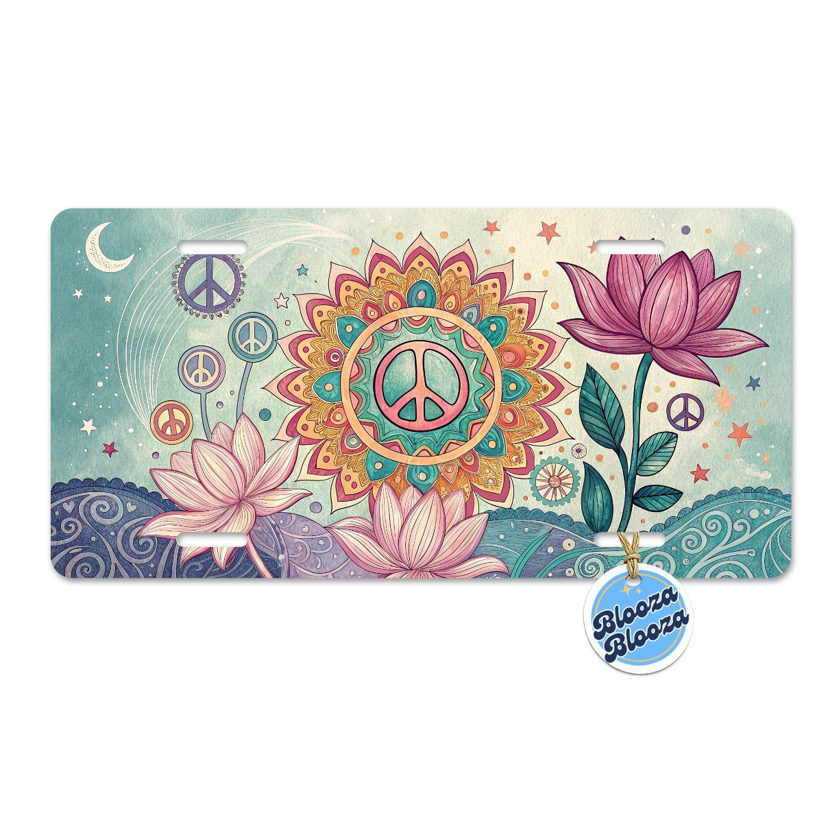 Peace Sign Symbols Mandala Flower Metal Vanity Novelty Tag License Plate for Trucks Cars SUVs