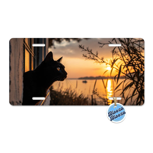 Black Cat Sunset Window Metal Vanity Novelty Tag License Plate for Trucks Cars SUVs