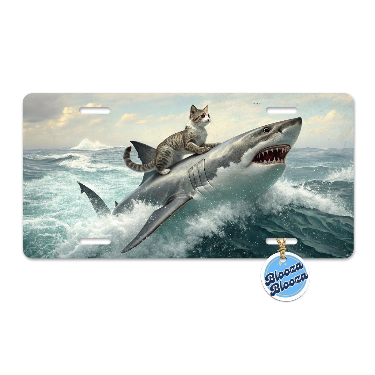 Cat Riding Shark Funny Metal Vanity Novelty Tag License Plate for Trucks Cars SUVs