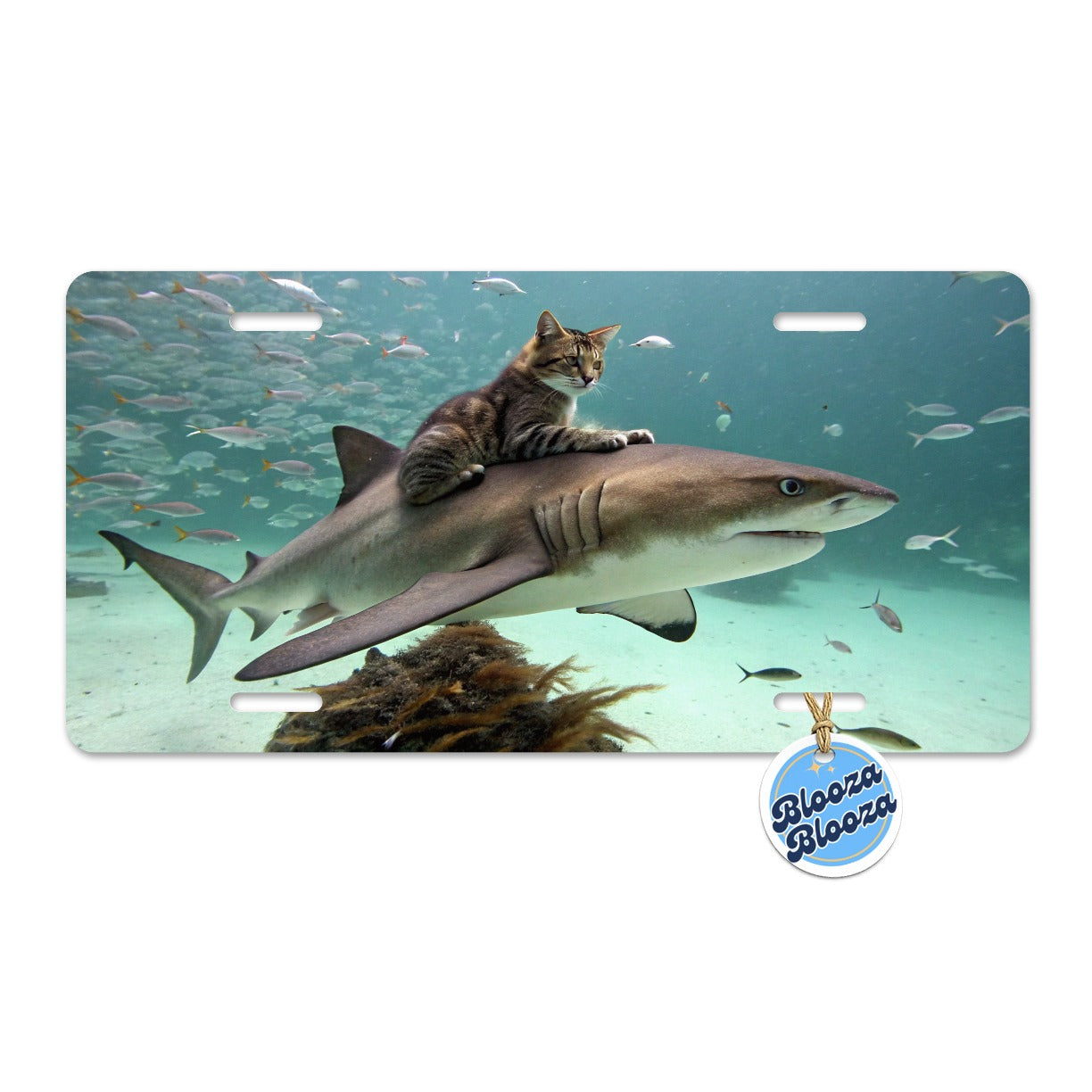 Cat Riding Shark Under Water Metal Vanity Novelty Tag License Plate for Trucks Cars SUVs
