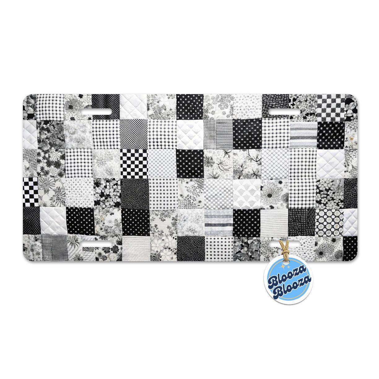 Patchwork Quilt Black White Metal Vanity Novelty Tag License Plate for Trucks Cars SUVs
