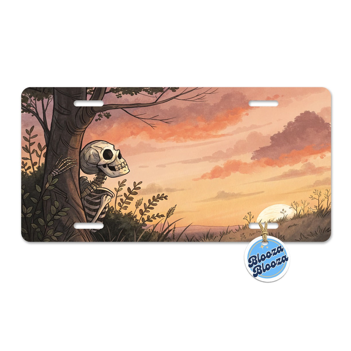 Skeleton Meadow Sunset Halloween Metal Vanity Novelty Tag License Plate for Trucks Cars SUVs