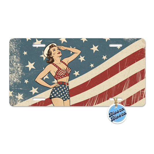 Vintage American Flag Pinup Woman Metal Vanity Novelty Tag License Plate for Trucks Cars SUVs