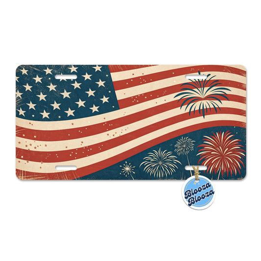 Vintage Patriotic Flag Fireworks Metal Vanity Novelty Tag License Plate for Trucks Cars SUVs