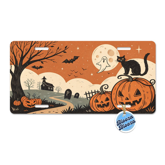 Vintage Pumpkin Halloween Scene Metal Vanity Novelty Tag License Plate for Trucks Cars SUVs