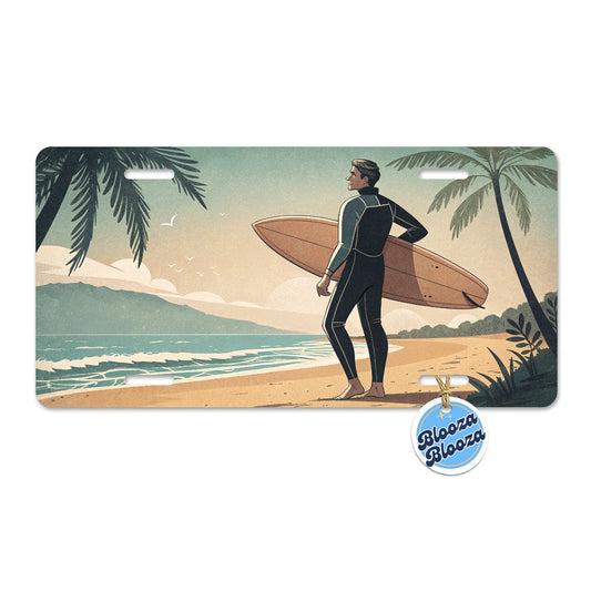 Vintage Surfer Beach Scene Metal Vanity Novelty Tag License Plate for Trucks Cars SUVs