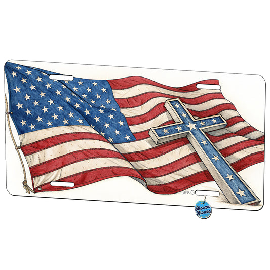 American Flag With Cross USA Patriotic Christian United States Metal Vanity Novelty Tag License Plate for Trucks Cars SUVs