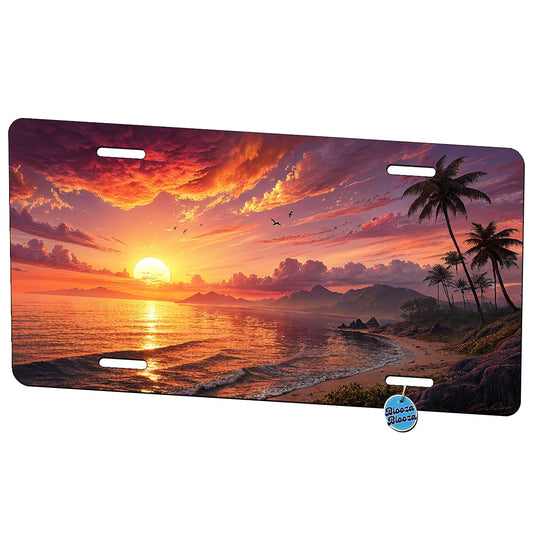 Beautiful Sunset Over Ocean Beach Tropical Palm Trees Metal Vanity Novelty Tag License Plate for Trucks Cars SUVs