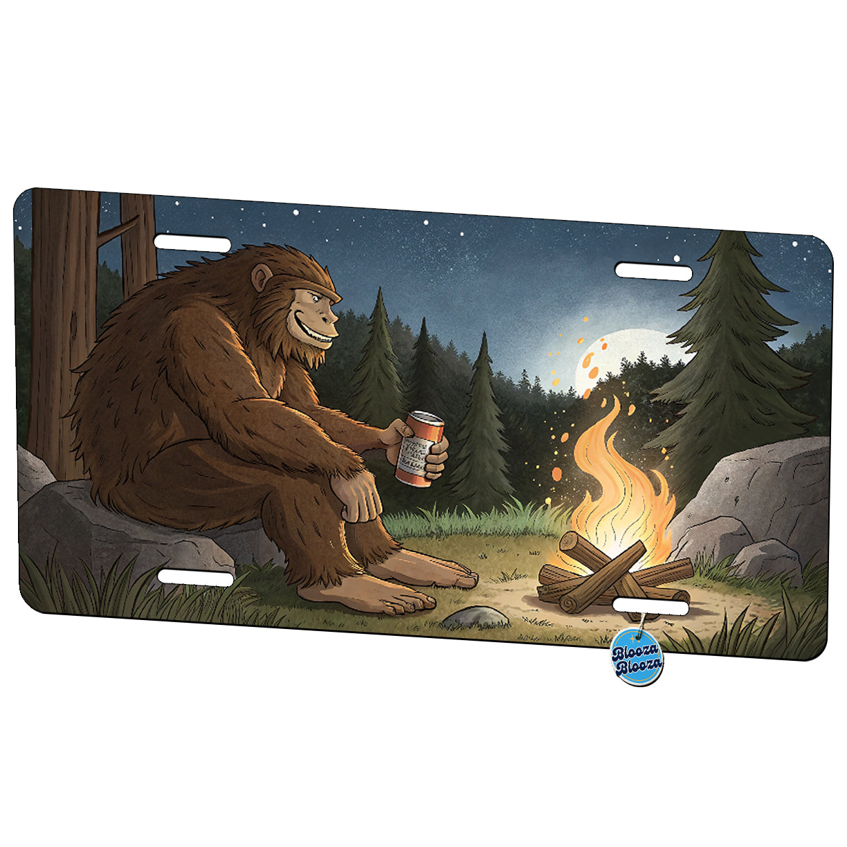 Bigfoot Sasquatch Drinking Beer Campfire Metal Vanity Novelty Tag License Plate for Trucks Cars SUVs