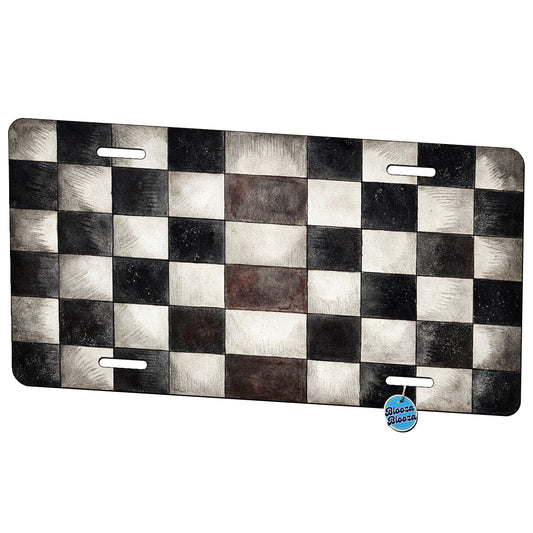 Black White Distressed Checkerboard Metal Vanity Novelty Tag License Plate for Trucks Cars SUVs