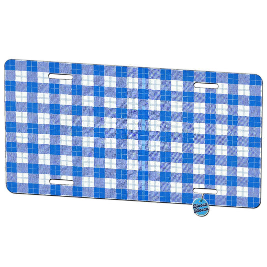 Blue And White Gingham Plaid Country Metal Vanity Novelty Tag License Plate for Trucks Cars SUVs