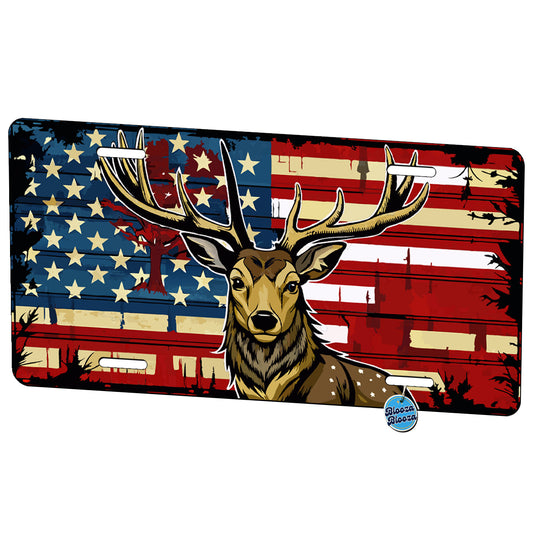 Deer Distressed American USA United States Flag Patriotic Hunting Metal Vanity Novelty Tag License Plate for Trucks Cars SUVs