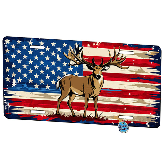 Deer Over Distressed American Flag USA United States Patriotic Hunter Metal Vanity Novelty Tag License Plate for Trucks Cars SUVs