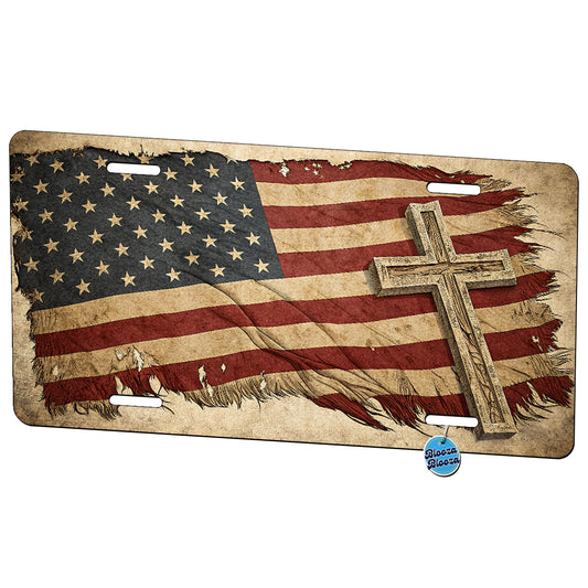 Distressed American Flag With Cross USA United States Patriotic Christian Metal Vanity Novelty Tag License Plate for Trucks Cars SUVs