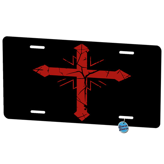 Distressed Red Cross On Black Christian Metal Vanity Novelty Tag License Plate for Trucks Cars SUVs