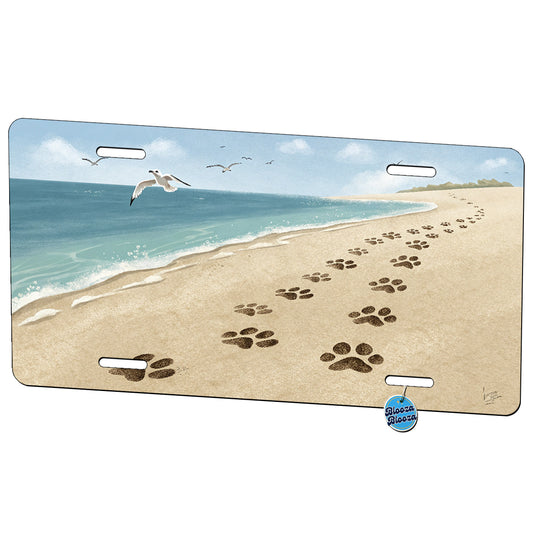 Dog Paw Prints On Beach Ocean Metal Vanity Novelty Tag License Plate for Trucks Cars SUVs